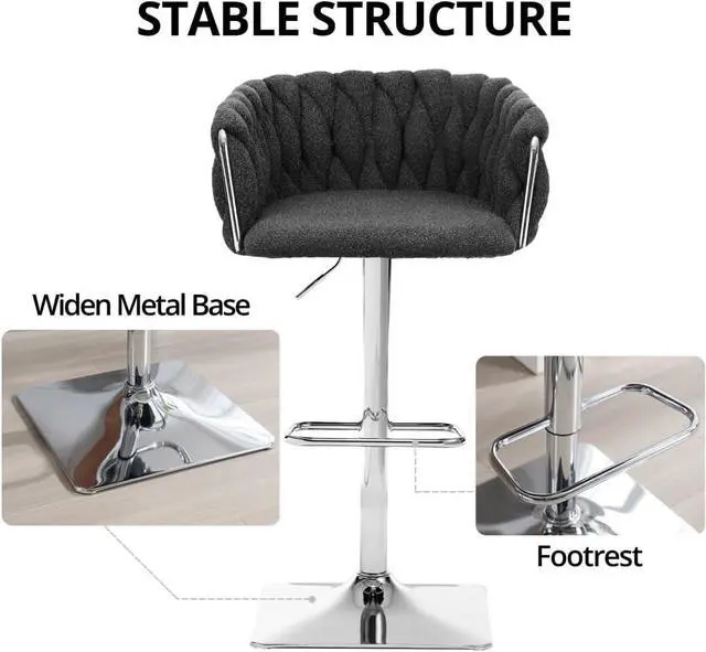 Alt view image 5 of 7 - Swivel Bar Stools Set of 2, Counter Height Bar Stool Chairs Island Stools, Adjustable Boucle Fabric Barstools Dining Chair 360 Degree Swivel Bar Chairs for Kitchen Island Pub Living Room, Black