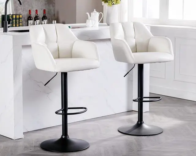 Main image of Modern Counter Height PU Leather Bar Stools Set of 2, Barrel Swivel Counter Stools with Backs and Arms Upholstered Bar Height Chairs with Metal Base, Adjustable Barstools for Kitchen Island, Beige
