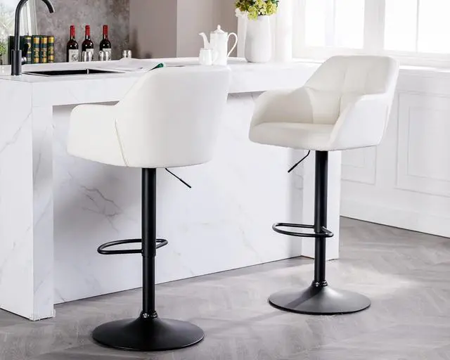 Alt view image 3 of 7 - Modern Counter Height PU Leather Bar Stools Set of 2, Barrel Swivel Counter Stools with Backs and Arms Upholstered Bar Height Chairs with Metal Base, Adjustable Barstools for Kitchen Island, Beige