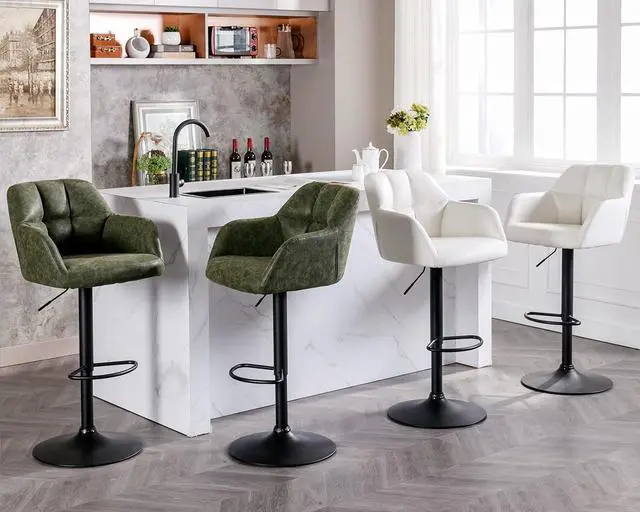 Alt view image 7 of 7 - Modern Counter Height PU Leather Bar Stools Set of 2, Barrel Swivel Counter Stools with Backs and Arms Upholstered Bar Height Chairs with Metal Base, Adjustable Barstools for Kitchen Island, Beige