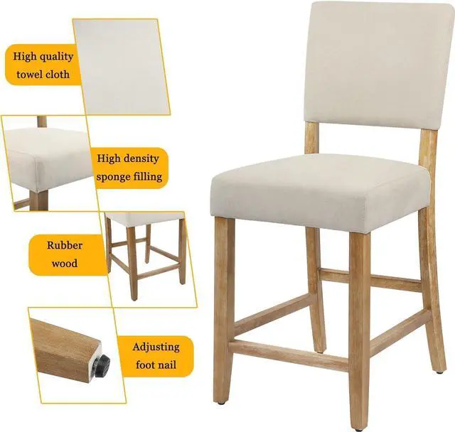 Alt view image 4 of 7 - DAGONHIL 24 Inches Counter Height Bar Stools Set of 4, Upholstered Barstools with Wood Legs, Island Chairs for Kitchen Counter, Towel Cloth (Beige)