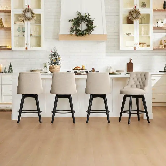 Alt view image 4 of 7 - Watson & Whitely Modern Swivel Bar Stools, Performance Fabric Upholstered Counter Height Bar Stool with Back, 26" H Seat, Set of 2, Tan