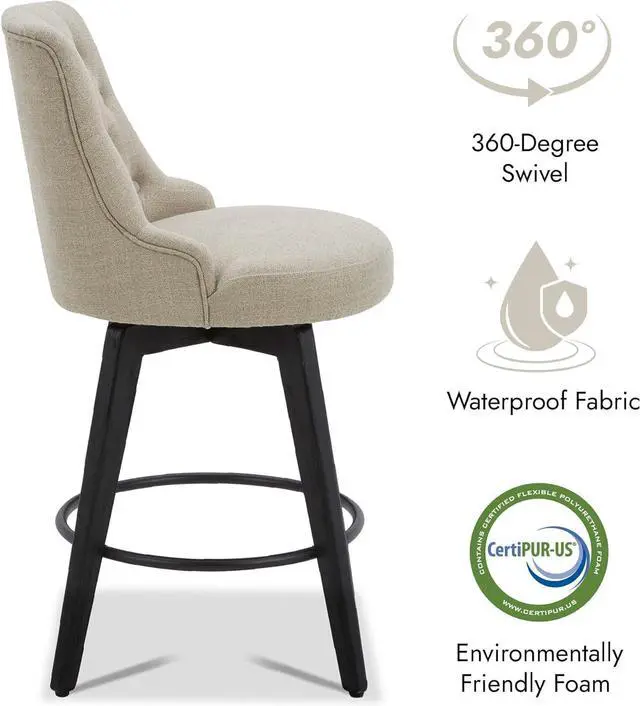 Alt view image 7 of 7 - Watson & Whitely Modern Swivel Bar Stools, Performance Fabric Upholstered Counter Height Bar Stool with Back, 26" H Seat, Set of 2, Tan