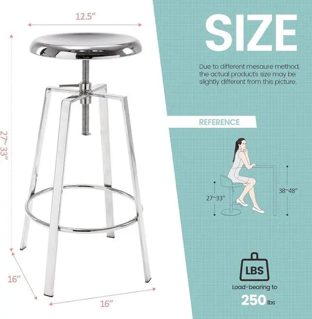 Alt view image 3 of 7 - Brage Living Atlas Industrial Bar Stools Set of 2, Adjustable Swivel Four Legged Round Metal Barstools, Backless Counter Height Bar Chairs for Kitchen Dining (Chrome)