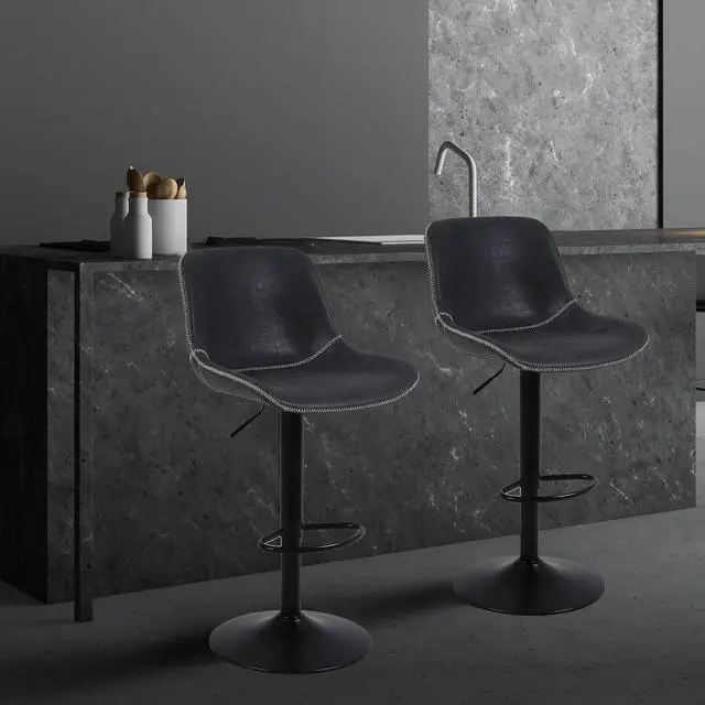 Alt view image 2 of 7 - Bar Stools Set of 2, Swivel Counter Height Barstools with Back, Adjustable Bar Chairs, Tall Armless PU Leather Kitchen Island Stool (Black)