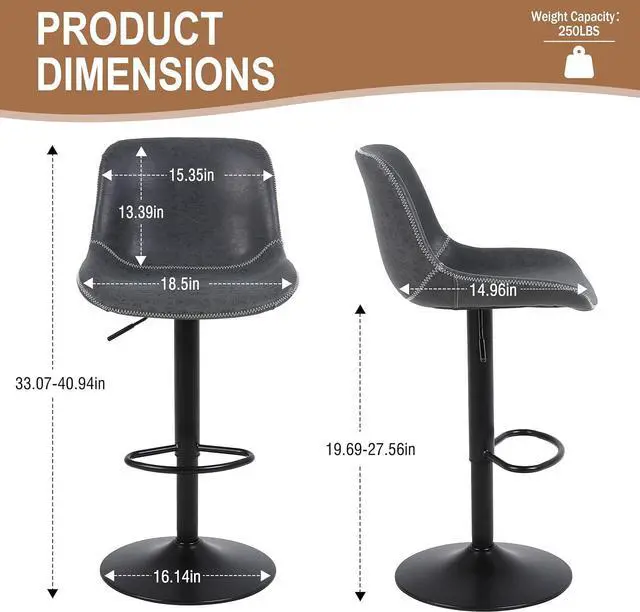 Alt view image 3 of 7 - Bar Stools Set of 2, Swivel Counter Height Barstools with Back, Adjustable Bar Chairs, Tall Armless PU Leather Kitchen Island Stool (Black)