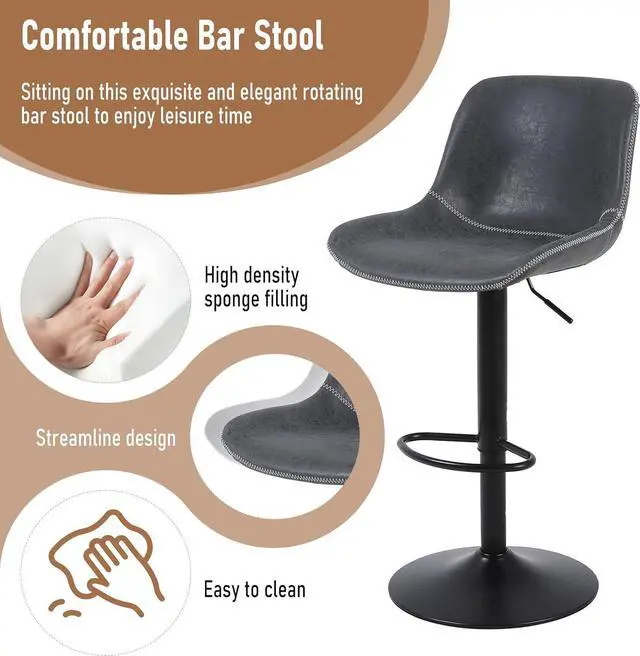 Alt view image 4 of 7 - Bar Stools Set of 2, Swivel Counter Height Barstools with Back, Adjustable Bar Chairs, Tall Armless PU Leather Kitchen Island Stool (Black)