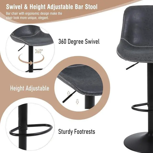 Alt view image 5 of 7 - Bar Stools Set of 2, Swivel Counter Height Barstools with Back, Adjustable Bar Chairs, Tall Armless PU Leather Kitchen Island Stool (Black)