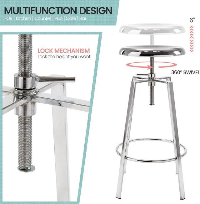 Alt view image 6 of 7 - Brage Living Atlas Industrial Bar Stools Set of 2, Adjustable Swivel Four Legged Round Metal Barstools, Backless Counter Height Bar Chairs for Kitchen Dining (Chrome)