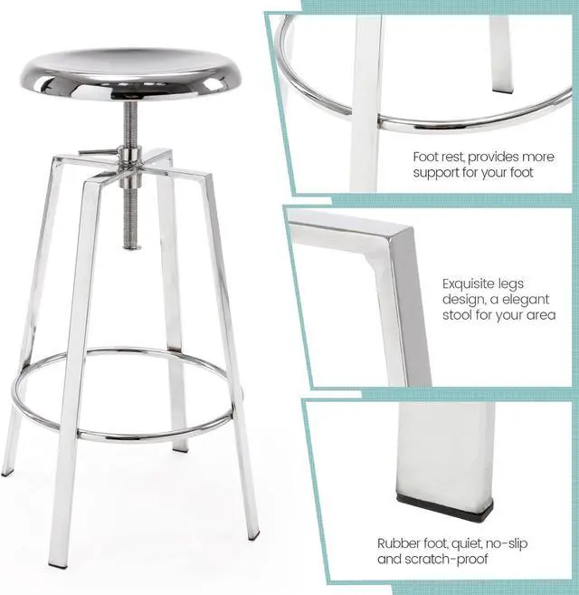 Alt view image 7 of 7 - Brage Living Atlas Industrial Bar Stools Set of 2, Adjustable Swivel Four Legged Round Metal Barstools, Backless Counter Height Bar Chairs for Kitchen Dining (Chrome)