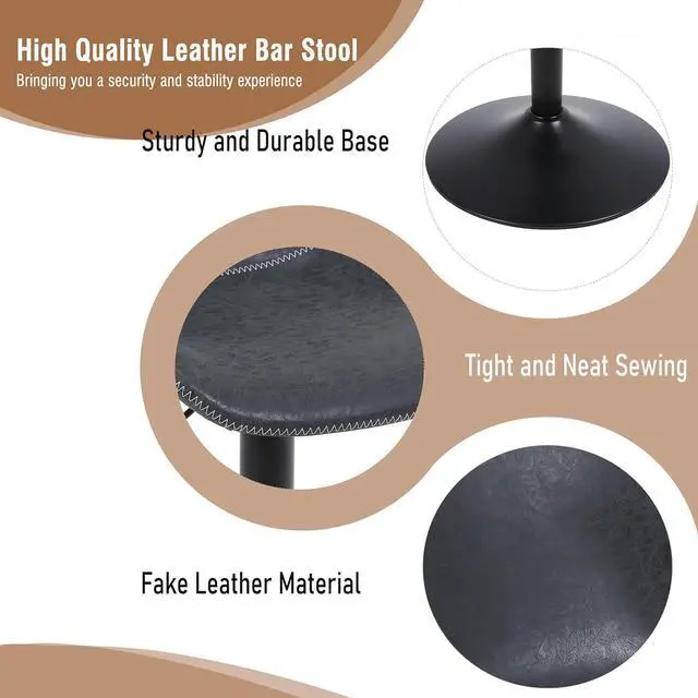 Alt view image 6 of 7 - Bar Stools Set of 2, Swivel Counter Height Barstools with Back, Adjustable Bar Chairs, Tall Armless PU Leather Kitchen Island Stool (Black)