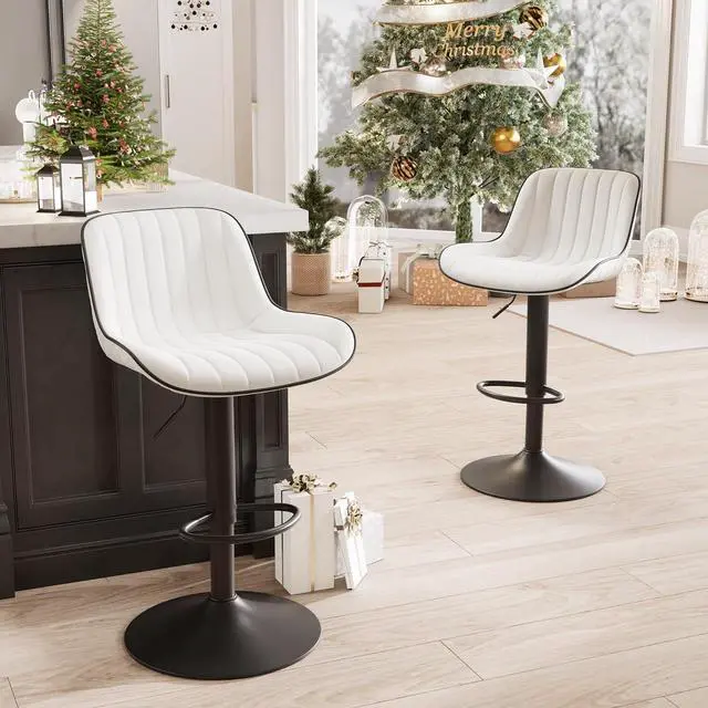 Main image of YOUNIKE White Bar Stools Set of 2 Kitchen Counter Height Barstools Upholstered Swivel Modern Faux Leather Bar Chairs with Backs Adjustable High Breakfast Island Stool with Metal Leg