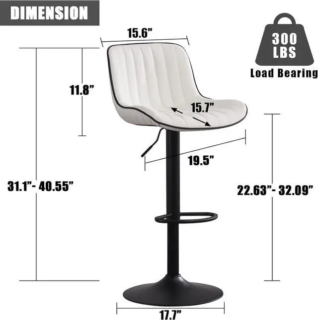 Alt view image 2 of 6 - YOUNIKE White Bar Stools Set of 2 Kitchen Counter Height Barstools Upholstered Swivel Modern Faux Leather Bar Chairs with Backs Adjustable High Breakfast Island Stool with Metal Leg