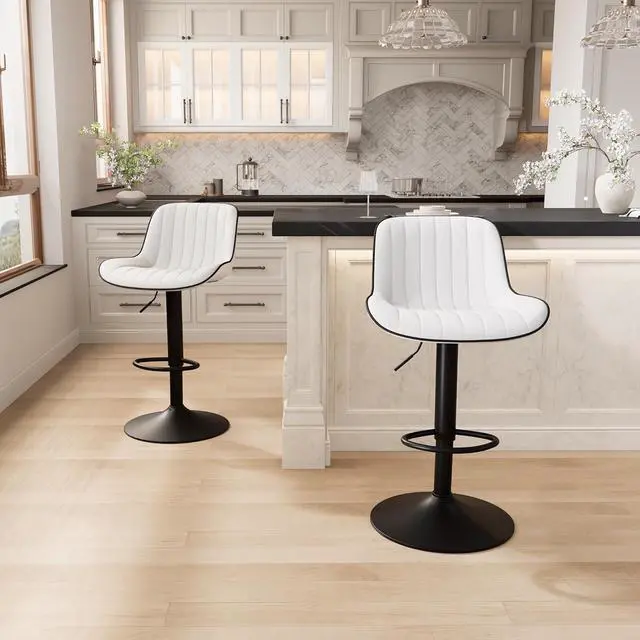 Alt view image 4 of 6 - YOUNIKE White Bar Stools Set of 2 Kitchen Counter Height Barstools Upholstered Swivel Modern Faux Leather Bar Chairs with Backs Adjustable High Breakfast Island Stool with Metal Leg