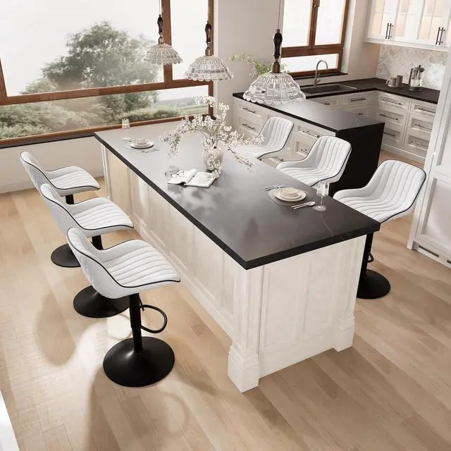 Alt view image 5 of 6 - YOUNIKE White Bar Stools Set of 2 Kitchen Counter Height Barstools Upholstered Swivel Modern Faux Leather Bar Chairs with Backs Adjustable High Breakfast Island Stool with Metal Leg