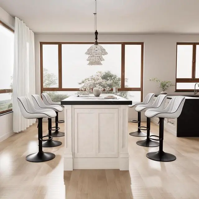 Alt view image 6 of 6 - YOUNIKE White Bar Stools Set of 2 Kitchen Counter Height Barstools Upholstered Swivel Modern Faux Leather Bar Chairs with Backs Adjustable High Breakfast Island Stool with Metal Leg