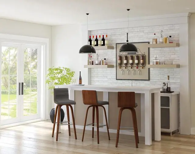Alt view image 2 of 7 - Armen Living Vienna Mid-Century Modern 30" Bar height Barstool Faux Leather Wood Finish, Grey/Walnut
