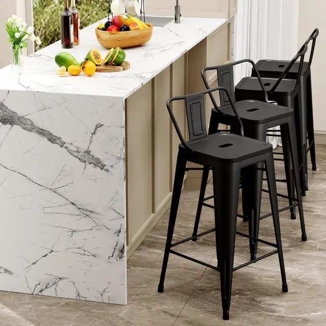 Alt view image 2 of 7 - Changjie Furniture Metal Barstools Set of 4 Industrial Bar Stools with X-brace Support, Matte Black, 30 inch