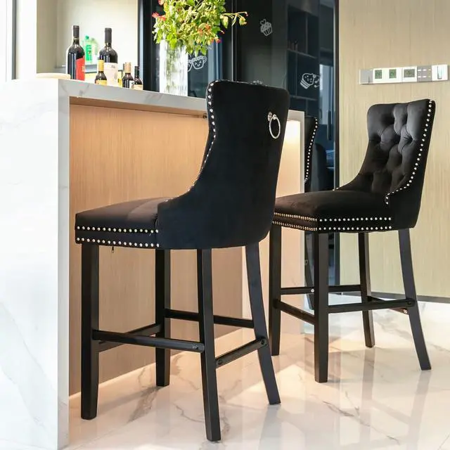 Main image of Rhomtree Velvet Bar Stools Modern Upholstered Bar Chairs 27'' Seat Height with Button Tufted Solid Wood Legs Counter Stools for Home Bar Dining Room Kitchen (Black, Set of 2)