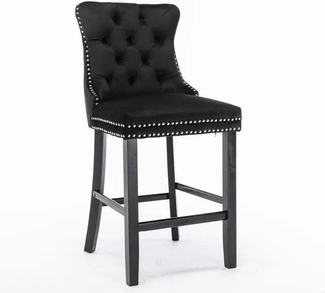Alt view image 3 of 7 - Rhomtree Velvet Bar Stools Modern Upholstered Bar Chairs 27'' Seat Height with Button Tufted Solid Wood Legs Counter Stools for Home Bar Dining Room Kitchen (Black, Set of 2)