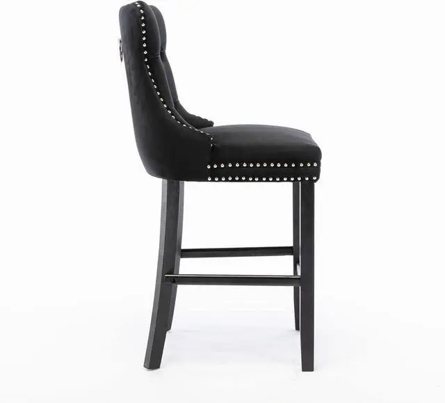 Alt view image 4 of 7 - Rhomtree Velvet Bar Stools Modern Upholstered Bar Chairs 27'' Seat Height with Button Tufted Solid Wood Legs Counter Stools for Home Bar Dining Room Kitchen (Black, Set of 2)