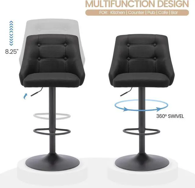 Alt view image 5 of 7 - Brage Living Swivel Bar Stool with Back, Adjustable Fabric Tufted Barstool, Upholstered Counter Height Airlift Bar Chair for Kitchen Dining Cafe (Black, Black Base)