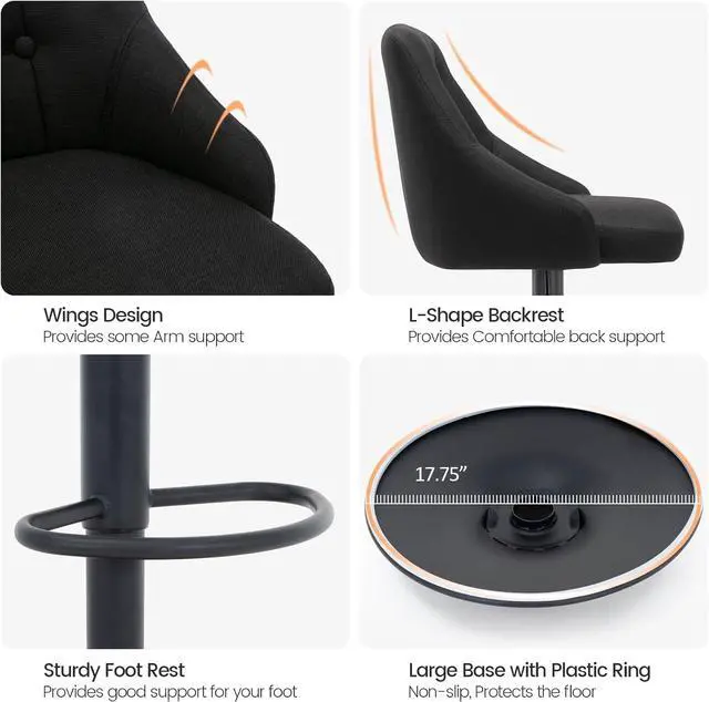 Alt view image 6 of 7 - Brage Living Swivel Bar Stool with Back, Adjustable Fabric Tufted Barstool, Upholstered Counter Height Airlift Bar Chair for Kitchen Dining Cafe (Black, Black Base)