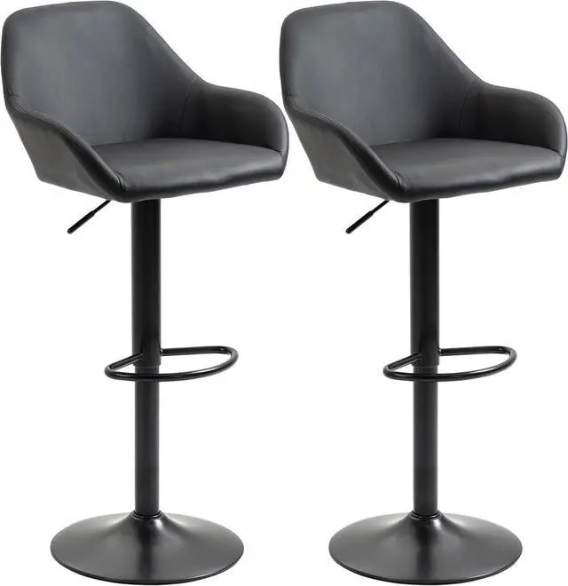 Main image of HOMCOM Adjustable Bar Stools, Swivel Counter Height Barstools with Footrest and Back, PU Leather and Steel Round Base, for Kitchen Counter and Dining Room, Set of 2, Black