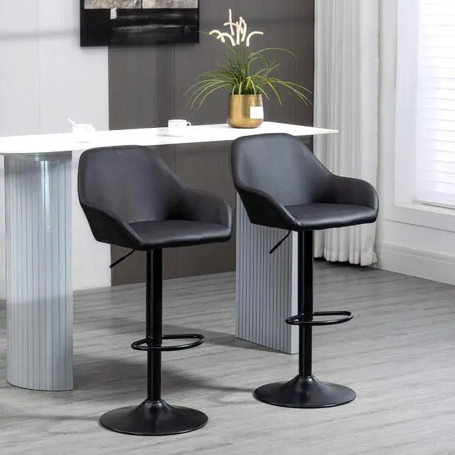 Alt view image 2 of 7 - HOMCOM Adjustable Bar Stools, Swivel Counter Height Barstools with Footrest and Back, PU Leather and Steel Round Base, for Kitchen Counter and Dining Room, Set of 2, Black