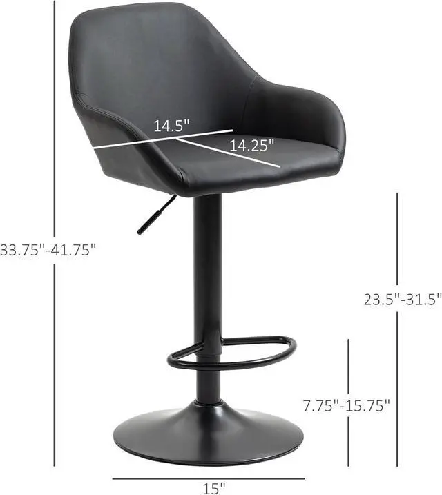 Alt view image 6 of 7 - HOMCOM Adjustable Bar Stools, Swivel Counter Height Barstools with Footrest and Back, PU Leather and Steel Round Base, for Kitchen Counter and Dining Room, Set of 2, Black