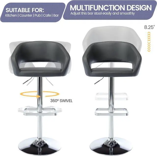 Alt view image 5 of 7 - Vogue Furniture Direct Adjustable Bar Stool with Hollow Back and Arms, Modern PU Leather Swivel Barstool, Airlift Counter Height Bar Chair for Kitchen Dining Room (Grey)