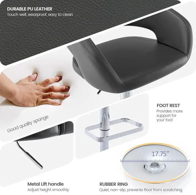 Alt view image 6 of 7 - Vogue Furniture Direct Adjustable Bar Stool with Hollow Back and Arms, Modern PU Leather Swivel Barstool, Airlift Counter Height Bar Chair for Kitchen Dining Room (Grey)