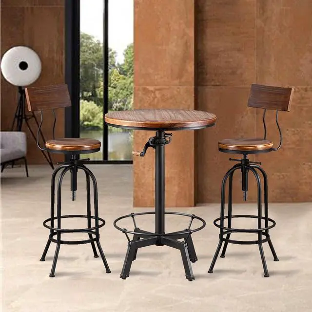Alt view image 2 of 7 - LOKKHAN Industrial Bar Stool-26-32 Inch Adjustable Swivel Round Wood Metal Kitchen Stool Rustic Farmhouse Counter Height Extra Tall Bar Height Stool-Arc-Shaped Backrest,Welded,Set of 2