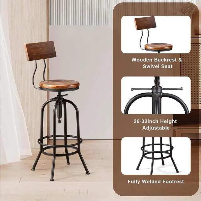 Alt view image 3 of 7 - LOKKHAN Industrial Bar Stool-26-32 Inch Adjustable Swivel Round Wood Metal Kitchen Stool Rustic Farmhouse Counter Height Extra Tall Bar Height Stool-Arc-Shaped Backrest,Welded,Set of 2