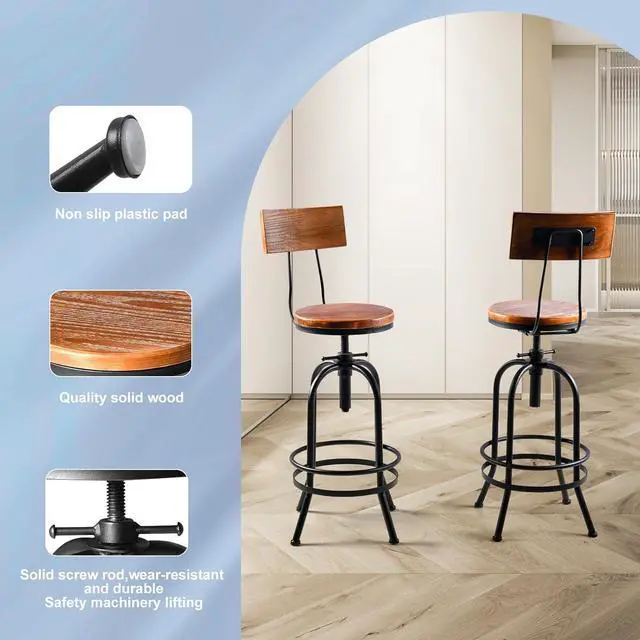 Alt view image 5 of 7 - LOKKHAN Industrial Bar Stool-26-32 Inch Adjustable Swivel Round Wood Metal Kitchen Stool Rustic Farmhouse Counter Height Extra Tall Bar Height Stool-Arc-Shaped Backrest,Welded,Set of 2