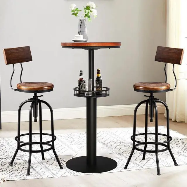 Alt view image 7 of 7 - LOKKHAN Industrial Bar Stool-26-32 Inch Adjustable Swivel Round Wood Metal Kitchen Stool Rustic Farmhouse Counter Height Extra Tall Bar Height Stool-Arc-Shaped Backrest,Welded,Set of 2