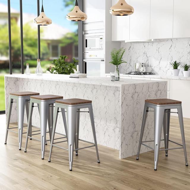 Main image of Andeworld Bar Stools Set of 4 Stackable Metal Bar Stools Industrial Counter Height Stools Backless Barstools with Wooden Seats (26 inch, Silver with Wooden Seats)