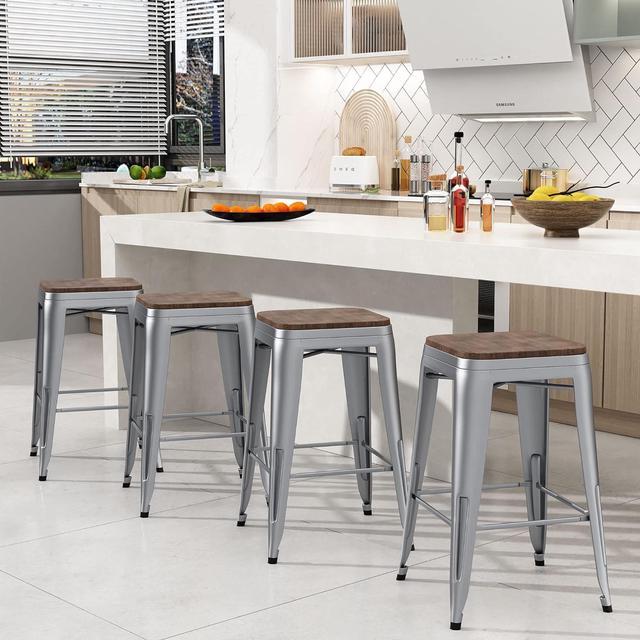 Alt view image 3 of 6 - Andeworld Bar Stools Set of 4 Stackable Metal Bar Stools Industrial Counter Height Stools Backless Barstools with Wooden Seats (26 inch, Silver with Wooden Seats)