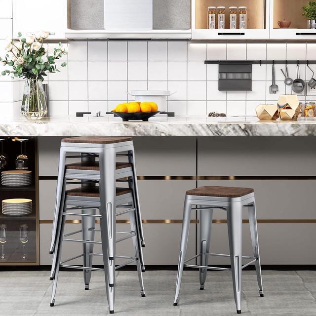 Alt view image 4 of 6 - Andeworld Bar Stools Set of 4 Stackable Metal Bar Stools Industrial Counter Height Stools Backless Barstools with Wooden Seats (26 inch, Silver with Wooden Seats)