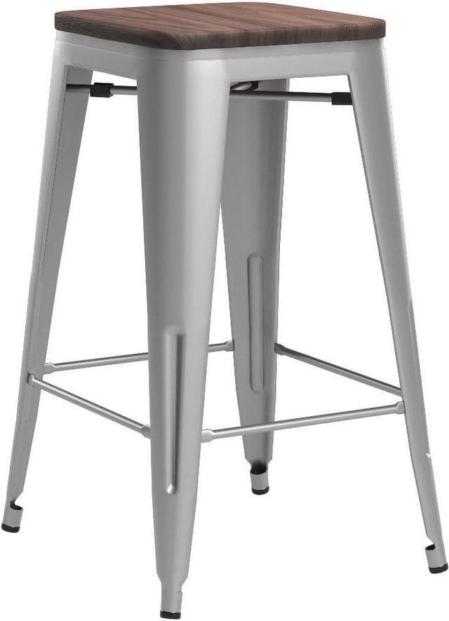 Alt view image 5 of 6 - Andeworld Bar Stools Set of 4 Stackable Metal Bar Stools Industrial Counter Height Stools Backless Barstools with Wooden Seats (26 inch, Silver with Wooden Seats)