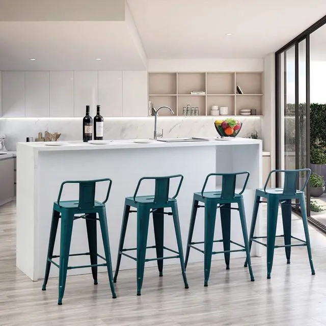Alt view image 3 of 7 - Aklaus Metal Bar Stools Set of 4 Barstools Bar Height Bar Stools with Back Industrial Bar Stool Indoor Outdoor Stools Kitchen Dining Chairs Modern Bar Chairs Distressed Teal Blue 30inch Stools
