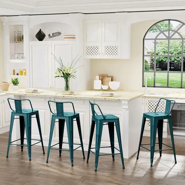 Alt view image 4 of 7 - Aklaus Metal Bar Stools Set of 4 Barstools Bar Height Bar Stools with Back Industrial Bar Stool Indoor Outdoor Stools Kitchen Dining Chairs Modern Bar Chairs Distressed Teal Blue 30inch Stools