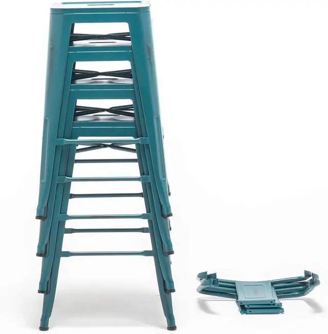 Alt view image 6 of 7 - Aklaus Metal Bar Stools Set of 4 Barstools Bar Height Bar Stools with Back Industrial Bar Stool Indoor Outdoor Stools Kitchen Dining Chairs Modern Bar Chairs Distressed Teal Blue 30inch Stools