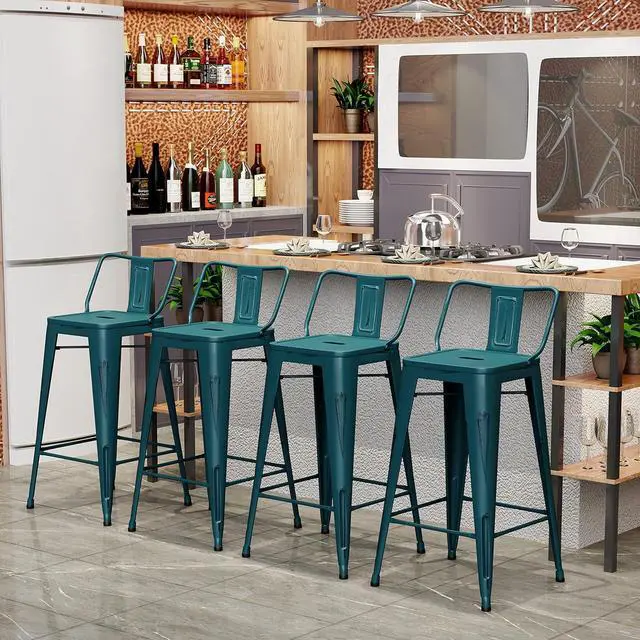 Alt view image 7 of 7 - Aklaus Metal Bar Stools Set of 4 Barstools Bar Height Bar Stools with Back Industrial Bar Stool Indoor Outdoor Stools Kitchen Dining Chairs Modern Bar Chairs Distressed Teal Blue 30inch Stools