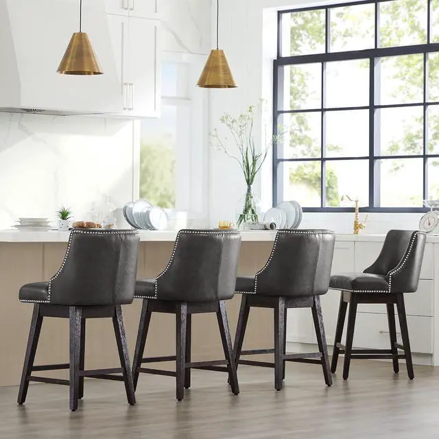Alt view image 7 of 7 - CHITA Counter Height Swivel Bar Stools Set of 2, FSC Certified Upholstered Counter Stools, Modern Swivel Barstools with Wood Legs for Kitchen Island, 26" Seat Height, Faux Leather in Retro Grey