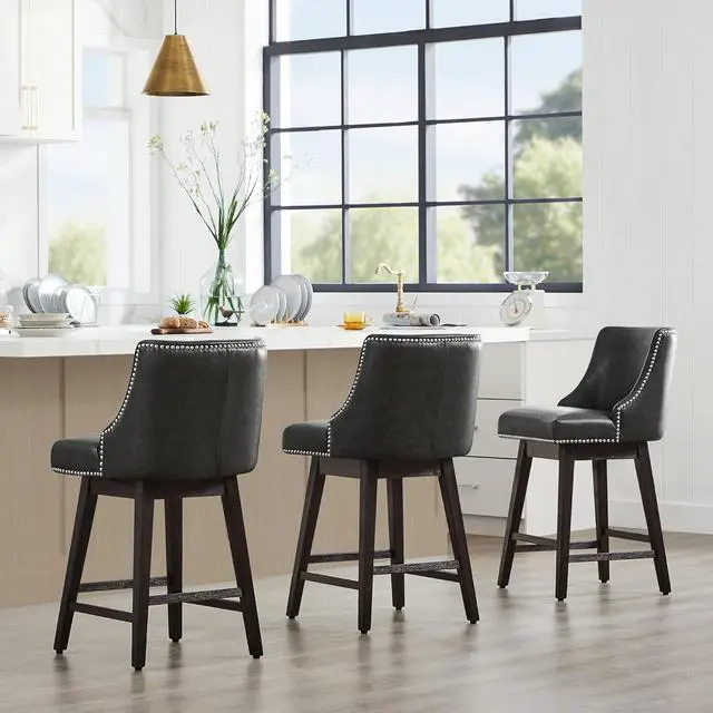 Alt view image 6 of 7 - CHITA Counter Height Swivel Barstools, FSC Certified 26" H Seat Height Upholstered Bar Stools Set of 2, Faux Leather in Retro Grey