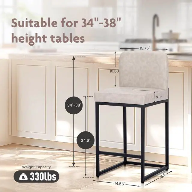 Alt view image 2 of 7 - ALPHA HOME 24 Bar Stools Set of 1 Counter Height Bar Stool Pu Leather Kitchen Modern Bar Stools with Backrest Upholstered Footrest Sturdy Chromed Metal Steel Frame, Light Gray