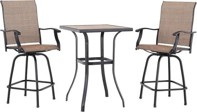 Main image of PHI VILLA 3 PCS Patio Swivel Bar Sets Textilene High Bistro Sets with 2 Outdoor Bar Stools and 1 Square Bar Table, Brown