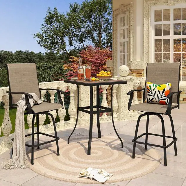 Alt view image 2 of 7 - PHI VILLA 3 PCS Patio Swivel Bar Sets Textilene High Bistro Sets with 2 Outdoor Bar Stools and 1 Square Bar Table, Brown