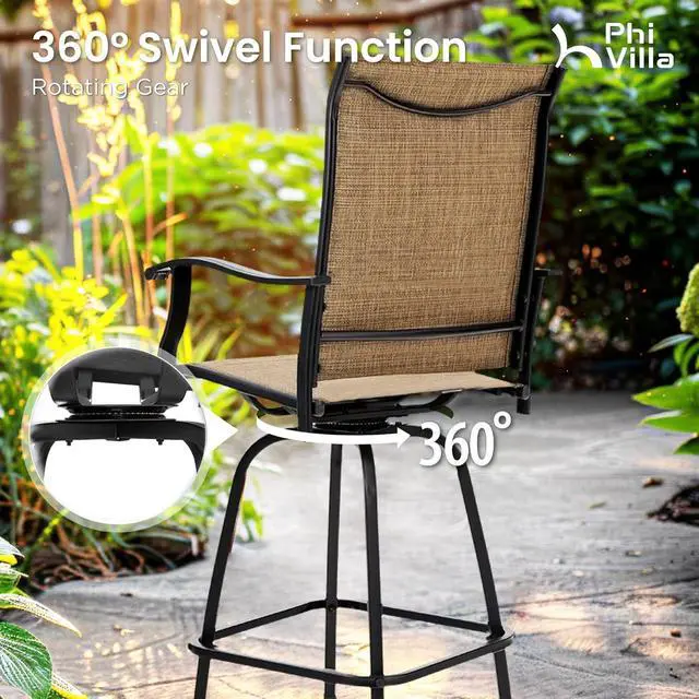 Alt view image 5 of 7 - PHI VILLA Outdoor Swivel Bar Stools Set of 2, Bar Height Patio Chairs 30" Seat Height with All-Weather Brown Textilene Fabric, Tall Patio Chairs Furniture for Outside, Deck, Yard and Garden